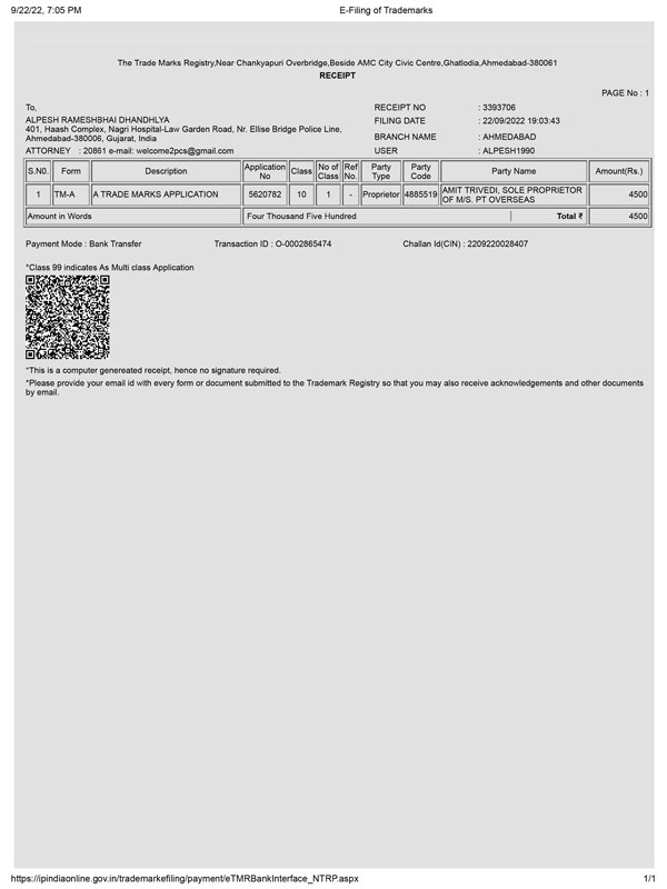 TRADEMARK REG RECEIPT